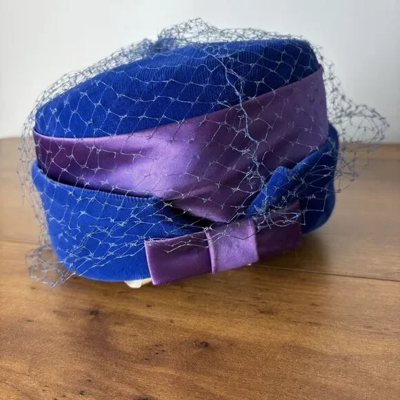 VTG 50s Pillbox Millinary Veiled Netting Hat Headpiece Blue Velvet Mod - Picture 6 of 12